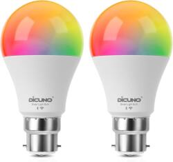 DiCUNO B22 Okos LED Izzó 9W - WiFi Vezérelhető, Melegfehér-Hidegfehér, RGBCW Színváltós, Alexa/Google Kompatibilis, Hub Nélküli, 2 db Csomag (B22)