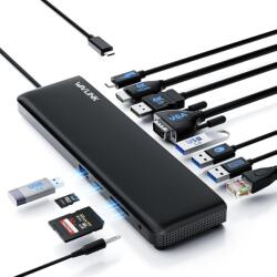 WAVLINK USB-C dokkolóállomás 3 monitorhoz, 100W PD, HDMI/DP/VGA, RJ45, SD/TF - fekete