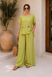 Shopika Compleu dama, masura mare, din vascoza cu pantaloni palazzo si bluza lejera cu margele, verde olive Talie unica