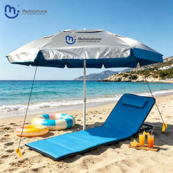 Medrelaxhome Umbrelă Pliabilă De Plajă Din Aluminiu Diametru 1.9m Cu Protecție UV Și Rezistență La Vânt Argintie Set Cu Șezlong ComfortFlex Și Corzi Antivânt BECO1002 (BECO1002)
