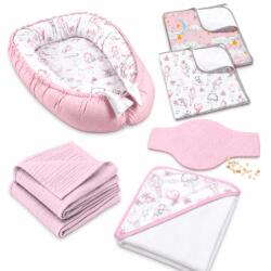 Kidizi Set bebe nou-nascut 5 piese Kidizi - Babynest Cocoon 90x50 cm, prosop cu gluga 90x90 cm, paturica din muselina, 2 aleze impermeabile si centura anticolici - Fairy Clouds (5949551921806)