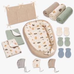 Kidizi Set bebe nou-nascut 6 piese cu Baby Nest din muselina 90x50 cm, 3 paturici din muselina, 2 aleze reutilizabile impermeabile, organizator patut, 3 caciulite si 3 perechi manusi anti-zgarieturi Kidizi -