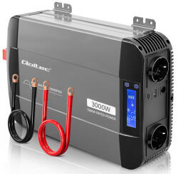 Qoltec Tiszta Szinusz Hullám Inverter | 12V-ról 230V-ra | 1500/3000W | LCD | USB | USC-C | Kompatibilis LiFePO4 GEL AGM-mel (52690)