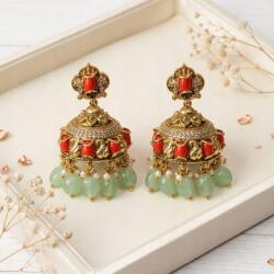 House of Posh Aranyozott Jhumka Fülbevaló Korall Jade Gyöngyökkel