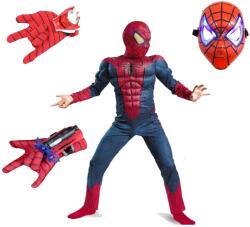 DEPOX Set costum Spiderman cu muschi, 2 lansatoare si masca plastic LED, rosu, 5-7 ani, 110-120 cm (2322) Costum bal mascat copii