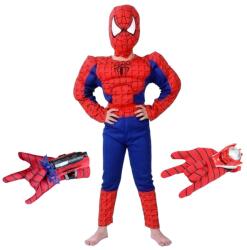 DEPOX Set costum clasic Spiderman cu muschi, rosu, manusa ventuze si discuri, 7-9 ani, 120-130 cm (2314) Costum bal mascat copii