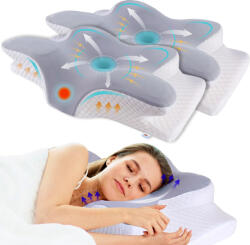 Linomag Set 2 Perne Ortopedice Cervicale pentru dormit Linomag®, Spuma cu Memorie, Husa lavabila, Suport pentru gat, umeri si brate, Gri/Alb, 62 x 41 x 11-13 cm (2xpdgi)