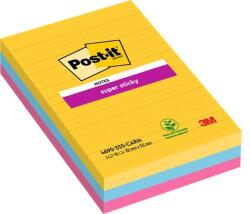 3M POSTIT Bloc de notițe autoadeziv, cu linii, 3x90 de foi, 101x152 mm, 3M POST-IT „Super Sticky, „Carnival, culori asortate 7100234250 (7100234250)
