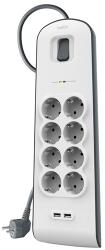 Belkin Priză multiplă BELKIN SURGE PLUS cu 8 prize CA + 2 prize USB de 2, 4 A, protecție împotriva supratensiunii + cablu de alimentare de 200 cm, ALB BSV804CA2M (BSV804CA2M)