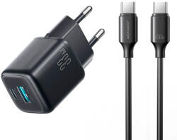 JOYROOM Захранване за ел. мрежа с USB-A и USB-C изходи и технология за бързо зареждане и USB-C към USB-C кабел - Joyroom JR-TG7 Fast Wall Charger 33W With USB-C Cable (черен) (JR-TG7 C-C 1m black)