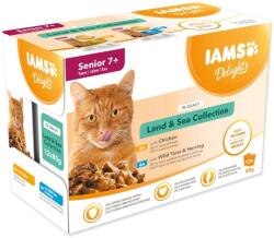 Iams DELIGHTS Senior Land & Sea Collection mártásos dobozban - nedves macskaeledel - 12x85g