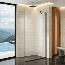 STUXI Eco Black Walk-in zuhanyfal, 80x195 cm, 6 mm vastag vízlepergető biztonsági üveggel, 195 cm magas, helytakarékos sarok stabilizátorral (TL-6108B-80)