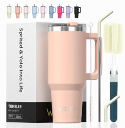 WATERSY 20 oz Termosz Kávésbögre Rozsdamentes Acél Dupla Falú Vákuumos Szigetelt Utazóbögre Fogantyúval és Szívószállal, Rózsaszín