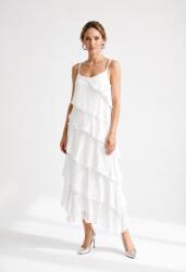 SHOPIKA Rochie lunga din matase si vascoza cu volane suprapuse oblic si croi vaporos, alba Talie unica