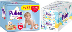pufies Пелени гащи Pufies Supreme - Размер 5 Junior, 96 брой, 12-17 kg, 3 x Value Pack + Мокри кърпички Pufies Chamomile Care, 12 x 64 броя - baby