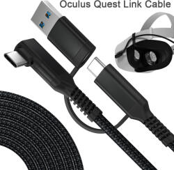 Prestige Charge Cablu USB-A și USB-C la USB-C unghi 90°, 2in1, PRESTIGE CHARGE, PD 3.0, SuperFastCharge, compatibil Oculus Quest 1/2, Samsung, iPhone, 5Gbps, textil premium, Negru, 6 m