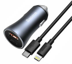 Baseus - Зарядно за кола Golden Pro (TZCCJD-B0G) - USB-A, USB-C, 40W с кабел Type-C към Lightning - Тъмно сиво