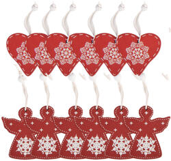 Clayre & Eef Set 12 ornamente brad Inimioare, Ingeri lemn alb rosu 13x13x1 cm (12) (6H2489)
