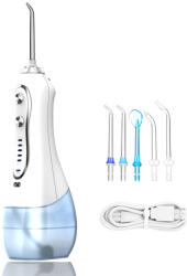 H2ofloss Irigator bucal portabil h2ofloss HF-6, 5 trepte de presiune, rezervor 300 ml, baterie reincarcabila 2000 mAh, IPX7, 5 capete, husa de transport, alb (sid142) Irigator oral