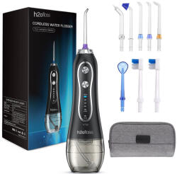 H2ofloss Irigator bucal portabil h2ofloss HF-6, 5 trepte de presiune, rezervor 300 ml, baterie reincarcabila 2000 mAh, IPX7, 5 capete, husa de transport, gri (sid143) Irigator oral