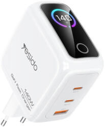 YESIDO Зарядно устройство Yesido (YC114) - с TFT дисплей, USB, 2x Type-C, GaN, бързо зареждане, за телефон, таблет, 140W - Бял