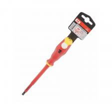 Evotools Surubelnita electrician 1kV(-) 5x150mm, marca Evotools, cu corp din otel Cr-V calit si varf magnetic, latime 5 mm si lungime 150 mm. Manerul ergonomic bicomponent ofera protectie electrica pana la 100 Surubelnita