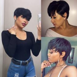Fereowth Pixie Cut valódi hajból készült paróka frufruval - fekete