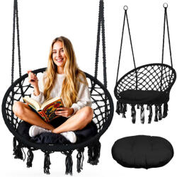 Sofotel Függőszék, Sofotel Boho, fekete, 80 x 63 cm ülés, fém váz, 100 cm poliészter-pamut kötél, párnával, 150 kg teherbírás, beltéri/kültéri (TE290011)