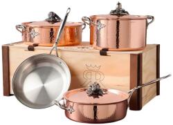 Ruffoni edénykészlet, Opus Cupra kollekció, 7 részes, 2.5/3.5/7/8 liter, Ø 26/30 cm, tartalma: fazék/párolóedény/serpenyő/sauté serpenyő/3 fedő, minden hőforrással kompatibilis az indukció ki