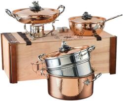 Ruffoni edénykészlet, Opus Cupra kollekció, 8 részes, 3.5/4/8 liter, Ø24/26/28/30 cm, tartalma: chef pan/fazék/tészta betét/tálaló serpenyő/melegítő állvány/3 fedő, minden hőforrással kompati