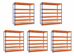 MAMUTEX 5 darabos akciós csomag - Lakkozott kék-narancssárga Mamutex Heavy polc 260x150x40 cm - 6 polc, teherbírás 3000 kg