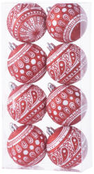 MagicHome MagicHome, Karácsonyi gömbök, 8 db, 6 cm, piros fehér ornamentikával, csillámokkal (STP8091067)