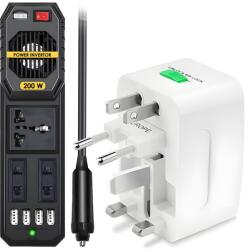Linomag Set Invertor de Tensiune Auto si Adaptor Universal Priza, Linomag®, Dc/Ac 12v/220v, Adaptor priza EU/UK/SUA/JP/CH/AUS/TH, Alb/Negru (siaan)