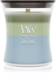 WoodWick Trilogy Verdant Woods lumânare parfumată cu fitil din lemn 275 g