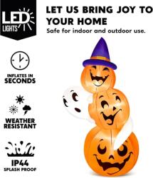 Joiedomi Halloween felfújható dekoráció, tök és szellem boszorkánykalappal, LED - 180 cm
