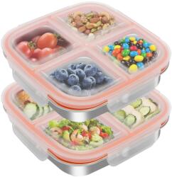 wishfly Snackbox 4 Rekeszes Rozsdamentes Acél Uzsonnás Doboz 2 db - 600 ml Szivárgásmentes Fedeles Ételtároló Gyerekeknek Snackhez Salátához