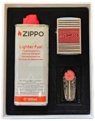 Zippo ajándék szett - Vörös faerezet mintás benzines öngyújtó, 125 ml Zippo benzin és Zippo tűzkő készlet díszdobozban (Z-152755-szett)
