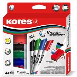Kores Tábla- és flipchart marker készlet mágneses táblatörlő szivaccsal, 3 mm, kúpos KORES ˝XW1˝, 4 különböző szín