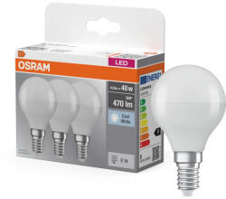OSRAM Base LED fényforrás (izzó) kisgömb forma, matt plasztik búra, E14 foglalat, 4, 9W, 470lm, 4000K semleges fehér 3db-os csomag ( 4058075429727 ) (4058075429727)