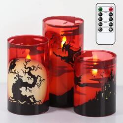 Eldnacele Halloween LED lángmentes gyertya távirányítóval, 3 db - piros üveg