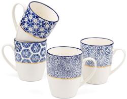 MACHUMA Porcelán Kávéscsésze Szett 4 db - Kék-Fehér Geometriai Mintával és Arany Akcentussal - 370 ml