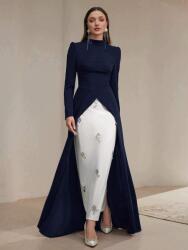 Shein Sötétkék-fehér Maxi Ruha Hosszú Ujjú Álló Díszítéssel Shein 38