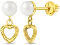 Bebe Gold Cercei Copii Aur 14K cu Perla de Cultura si Inimioara, taietura diamant, inchidere cu Filet si Protectie