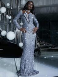 Shein Ezüst Maxi Ruha Hosszú Ujjú Szögletes Nyakkivágás Flitteres Shein L