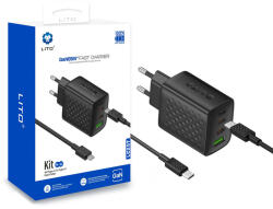 LITO Зарядно устройство Lito - (LC25T) - с включен кабел Type-C, 2x Type-C, USB изход, PD65W, GaN, PC Fireproof, EU Plug - Черен