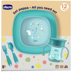 CHICCO Étkezési készlet - tál, tányér, palack és evőeszköz kék 12m+ - vital24