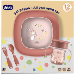 Chicco Étkezési készlet - tál, tányér, üveg és evőeszköz pink 12m+