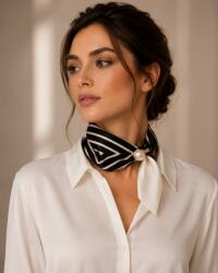 Shopika Esarfa colier satinata cu perla decorativa si inchidere magnetica, imprimeu geometric alb pe fond negru