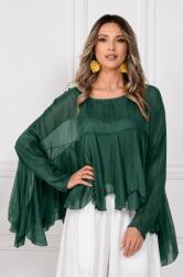 SHOPIKA Bluza din matase naturala si vascoza cu volane tip cascada, croi lejer, verde inchis Talie unica