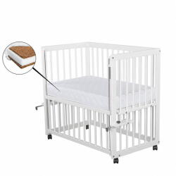 Qmini Patut co-sleeper, Qmini, Dalia, Multifunctional, 90x50 cm, Din lemn de pin, Reglabil pe orice treapta de inaltime la patul parintilor, Sistem de ancorare si roti cu frana incluse, Alb + Saltea 8 cm (Q